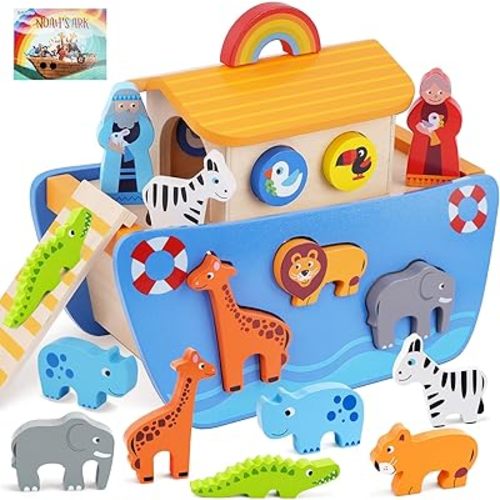 KMTJT Toddlers Wooden Noah's Ark Toy Animal Playset, Baptism Gifts for 1 2 3 Boys Girls, Shape Sorter Early Learning Montessori Toys with Bible Story Book for 12 18 24 Months Babies