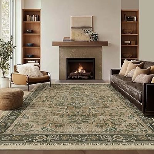 Vintage Distressed 8x10 Rugs for Living Room Bedroom, Washable Non Slip Dining Room Rugs for Under Table, Low Pile Thin Soft Carpet Moody Medallion Pattern Printed, Multi Brown/Olive Green