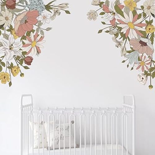 Large Pink Flowers Wall Decals, Colorful Floral Botanic Wall Stickers, Spring Peel and Stick Wallpaper for Girls Bedroom Nursery Classroom Living Room Wall Decor