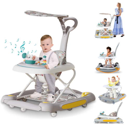 JOJOLAM 6-in-1 Baby Walker, Foldable Push Walker with Musical Activity Station, 6-24 Months, Gray