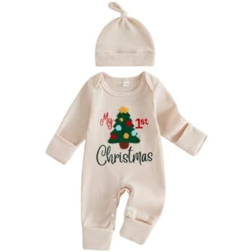 My First Christmas Baby Boy Girl Outfit Long Sleeve Romper Jumpsuit Hat Set