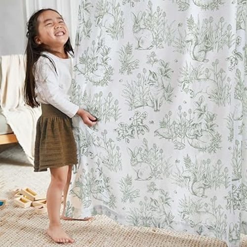 Sage Green Woodland Linen Kids Curtains 84 Inch Farmhouse 2 Panels