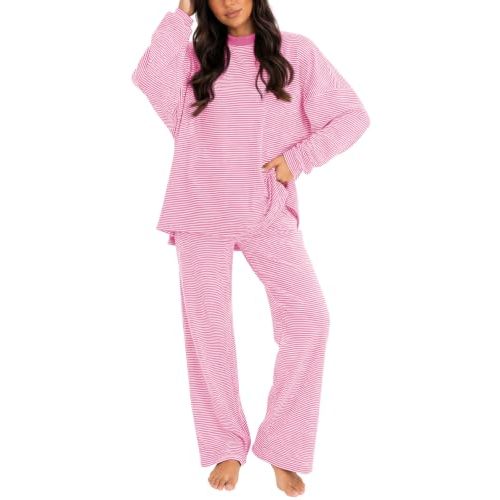 Women's 2 Piece Striped Lounge Set Wide Leg Pants Matching Pajamas Set | Long Sleeve ,High Waisted,Sleepwear, Pajamas, Oversized,Round Neck,Daily,Cotton Set,Loungewear,fall fashion outfits 2026,