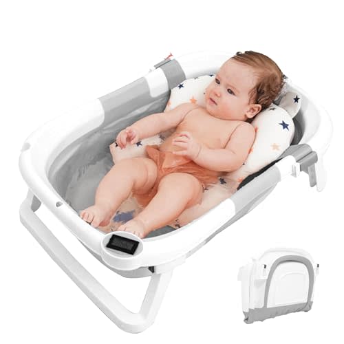 SolDazz Collapsible Baby Bathtub, Baby Bath Tub with Soft Cushion & Thermometer, Alligator Baby Bathtub with Detachable Feet, Durable Infant Bathtub Applicable 0-24 Month, Gray