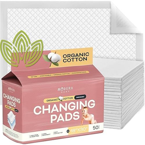 Organic Cotton Disposable Changing Pad Liners | XL-Large (30x18) Hypoallergenic Super Soft Ultra Absorbent & Waterproof Quilted Underpads for Baby Diaper Table & Travel, Leak Proof, Mess Free, 50-Pack
