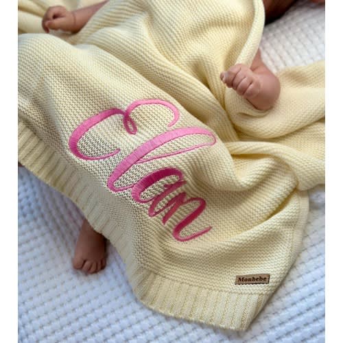 Cream Knitted Cotton Baby Blanket with Personalized Name Embroidery - Soft Newborn Heirloom