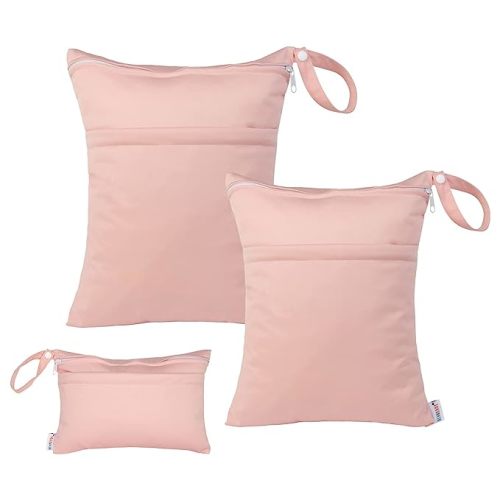 ALVABABY 3pcs Baby Cloth Diaper Wet/Dry Bags|Waterproof Reusable with Two Pockets|Travel, Beach, Pool, Daycare, Soiled Baby Items,Yoga，Gym Bag for Swimsuits or Wet Clothes (3 pcs in SML, Pink) 3L-B19