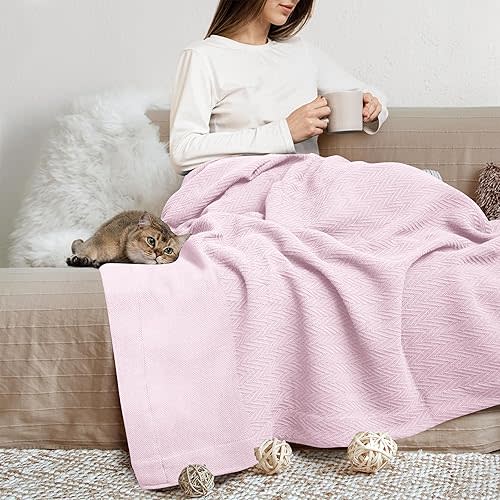 THREAD SPREAD Organic GOTS Certified Cotton Blanket, Twin/Twin XL - 350 GSM, Antistatic, Fuzzy Soft, Lightweight, Sofa, Camping & Travel, All-Season Herringbone Throw, Blush + Stylish Bonus Tote Bag