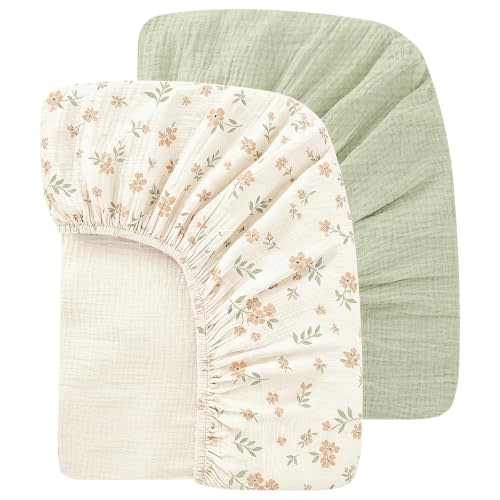 Organic Baby Crib Sheets 52x28 Inches 2 Pack 100% Muslin Cotton Soft Boho Toddler Fitted Crib Bed Mattress Sheet for Baby Girls Fits Standard Size Crib Mattress 28x52 Inches Blossom & Grass Green