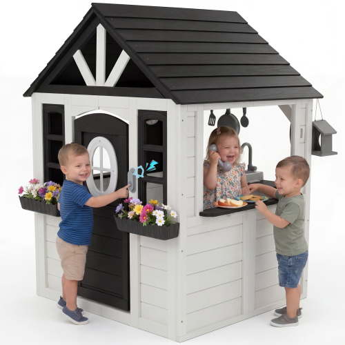 AiKidKit Kids Outdoor Playhouse, Wooden Playhouse with Play Kitchen, Working Doorbell, Bird Cage, Pet Door, Backyard Casa de CampañA Para NiñOs Country Style, Black & White