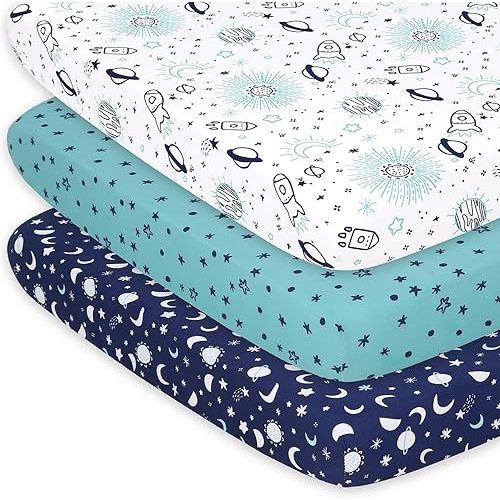 The Peanutshell 3-Pack Fitted Playard Sheets - Soft & Breathable Baby Boy or Girl Mini Crib Sheets, Pack N Play Mattress, Fits Standard Playard Pack Play Mattresses - Space