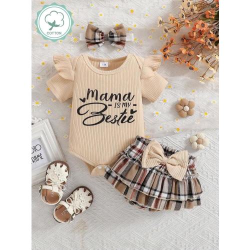 Baby Girl Summer Casual Round Neck Ruffle Trim Ribbed Letter Print Bodysuit And Ruffled Plaid Bow Shorts + Plaid Headband | SHEIN