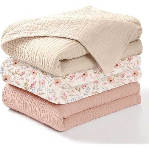 lulumoon Muslin Swaddle Blankets for Baby: Lightweight & Breathable Receiving Blankets for Hospital - Neutral Registry Gift for Newborn 3pack (WhitePinkFlower)