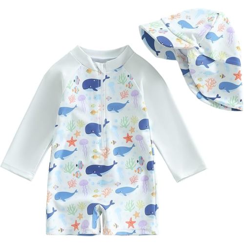 ZyHwShine Toddler Infant Baby Boy Swimsuit Newborn Rash Guard Boys Girls One Piece Zipper Bathing Suit Swimwear with Hat