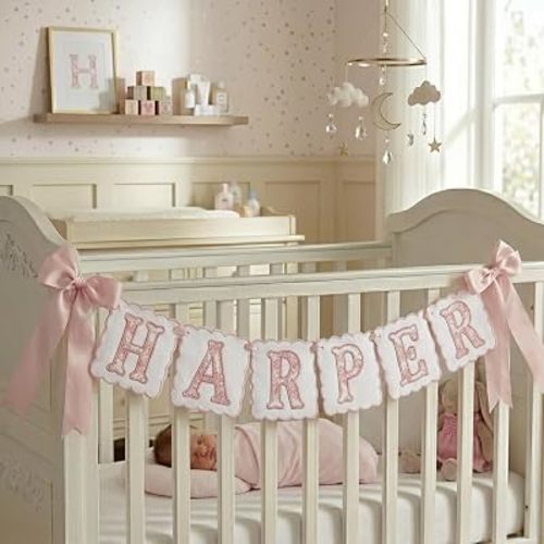 Custom Embroidered Baby Banner, Personalized Baby Name Banner, Scallopped Bow Name Banner, Baby Shower Decor, Pink Nursery Room Decorations, Nursery Garland for Newborn, Baby Shower Gifts Boys Girls (NAME10)