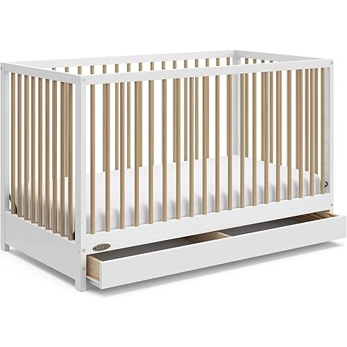 Graco Teddi 5-in-1 Convertible Crib with Drawer – GREENGUARD Gold Certified, Full-Size Nursery Storage Drawer, Baby Crib Converts to Toddler Bed, Daybed and Full-Size Bed (White and Driftwood)