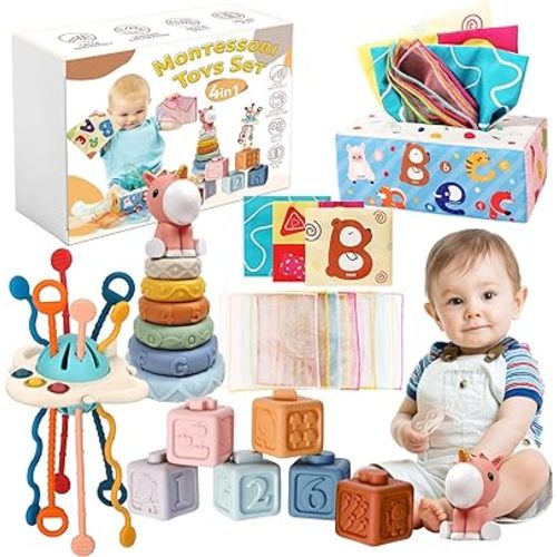 Montessori Baby Toys 6-12 Months, 4 in 1 Montessori Toys Set 6 Months Old+, Stacking Building Blocks Infant Toys, Tissue Box Toy, Baby Sensory Toys for 1 2 3 Year Old Boy Girl