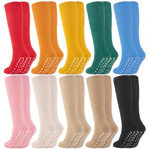 10 Pairs Non Slip Fuzzy Long Socks for Women With Grips Winter Warm Cozy Fluffy Hospital Slipper Socks