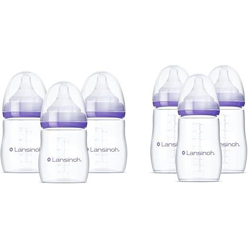 Lansinoh Anti-Colic Baby Bottles for Breastfeeding Babies, 3 Count Each of 5 Ounces and 8 Ounces, 6 Bottles Total, Includes 3 Medium Flow Nipples (Size M) and 3 Slow Flow Nipples (Size S)