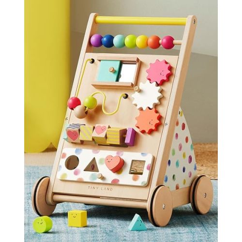 Tiny Land Wooden Baby Walker with Activity Center, Montessori Push Walker | Adjustable speed for beginners, From sitting play to first steps, Sensory hand-on games, Gift for boys & girls, Rainbow
