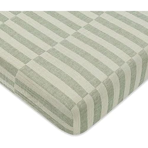 Babyletto 100% Organic Cotton Mini Crib Sheet, GOTS-Certified, Fitted 360°, Ultra-Soft and Breathable Muslin - Moss Green Offset Stripe