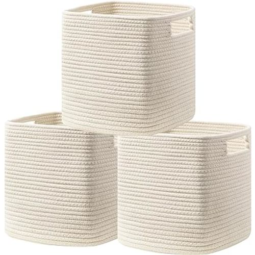 UBBCARE Set of 3 Cotton Rope Basket 11 X 10.5 X 10.5 Inches, Woven Storage Baskets for Shelves, Organizing with Handles, Cube Storage Bins for Storage Books, Magazines, Beige