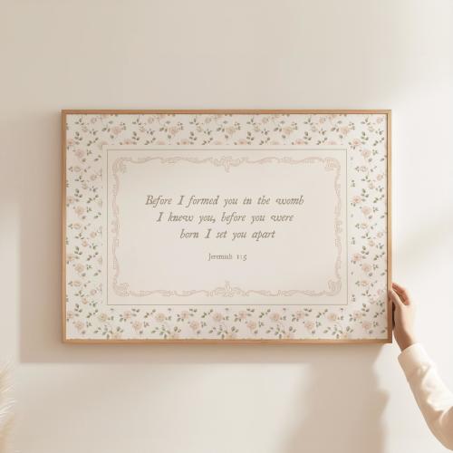Jeremiah 1:5 Before I Formed You Wall Art Print for Girl Nursery, Christian Sage Green and Pink Floral Girl's Room Decor, Bible Verse Prints