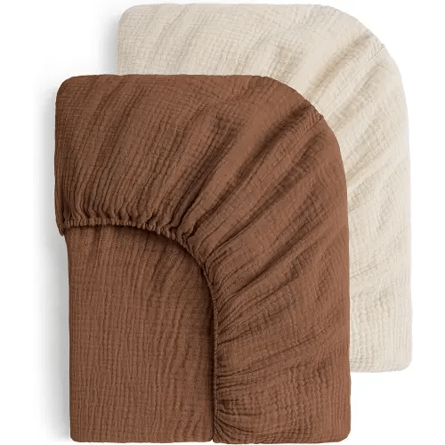 Yoofoss Muslin Crib Sheets for Boys Girls 100% Cotton Fitted Baby Crib Sheet 2 Pack Soft and Breathable for Standard Crib Mattress & Toddler Mattress 52"x28" Apricot&Brown