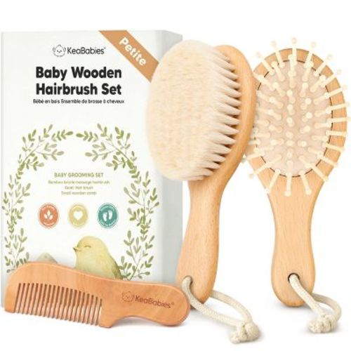 KeaBabies Baby Hair Brush and Comb Set, Oval Wooden Baby Brush Set for Newborns, Infant, Toddler Grooming Kit (Walnut, Petite)