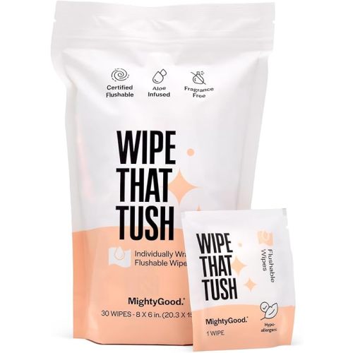 Wipe That Tush On-The-Go Flushable Wet Wipes - 1 Pack, 30 Wipes - Individually Wrapped Extra-Large Wipes with Aloe - Hypoallergenic & Unscented - Septic and Sewer Safe