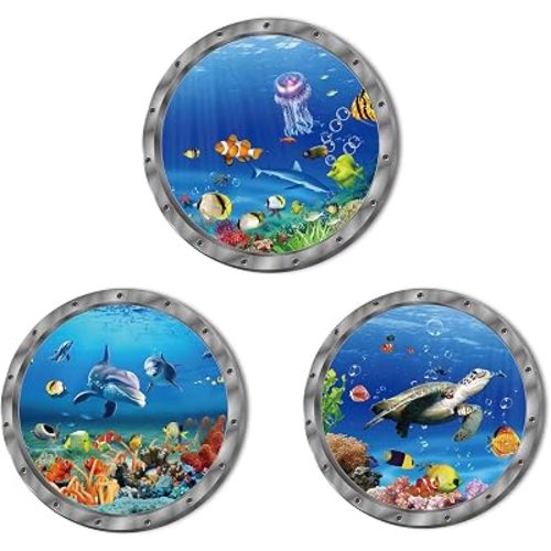 Ocean Animals World Under Sea Decor Includ Sea Turtles Dolphins Fishes 3 Pcs Removable 3D Peel and Stick Vinyl Stickers for Bathroom,Wall Decor,Wall Stickers,Bedroom,Furniture
