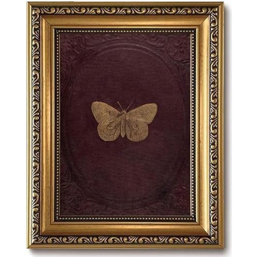 ZLPLLHA Vintage Gold Framed Wall Art Butterfly Wall Decor Moody Canvas Art Insect Pictures Victorian Paintings Burgundy Artwork for Bedroom Living Room