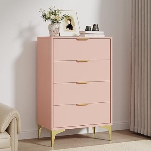 4 Drawer Dresser, Dresser with 4 Drawers for Bedroom, Chest of Drawers, Wood Dresser Storage Cabinet for Bedroom Living Room, Entryway (Pink)