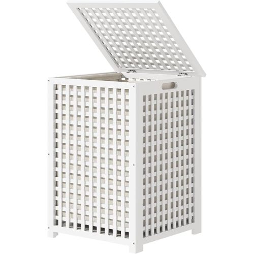 oakvivo Bamboo Laundry Hamper, 17.7" x 17.7" x 25.6" Bathroom Waterproof Wood Laundry Basket with Lid and Handles, Laundry Sorter with Removable Washing Bag, Laundry Bin Organizer for Bedroom(White)