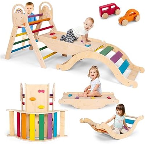 Wooden Pikler Triangle with Convertible Ramp & Detachable Arch, Montessori Indoor Climbing Frame, Sturdy Ladder & Space-Efficient Design