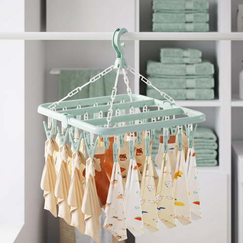 Clothes Drying Rack with 32 Clips, Foldable Hanging Rack, 360° Rotatable Hook for Drying Socks Baby Clothes Towels Gloves(Light Green)