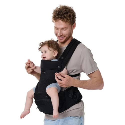Momcozy Baby Carrier with Hip Seat, 2-in-1 Forward-Facing Carry for Active Babies, Detachable Hands-Free Carrier up to 44lbs, Breathable Infant Carrier Fits Waist Sizes up to 45 Inches, AirMesh Black