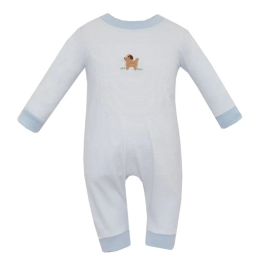 Petit Bebe Puppies Light Blue Knit Stripe Romper
