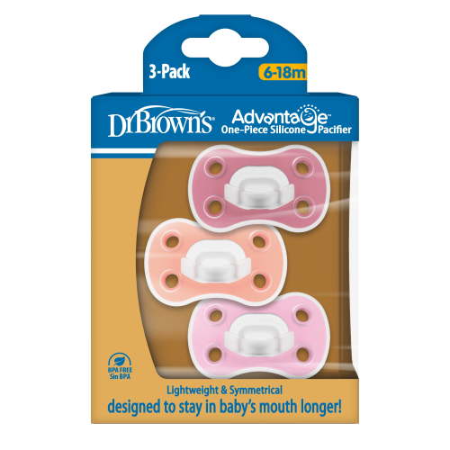 Dr. Brown's Advantage One-Piece Silicone Baby Pacifier, Fully Symmetrical Soother, Coral/Light Pink/Pink, 6-18m, BPA Free, 3-Pack