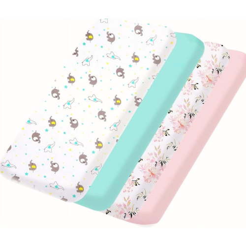 Little Grape Land Pack N Play Sheets, Mini Crib, Portable Crib Sheets Fitted for Baby Boy Girl 4 Pack, Floral/Elephants/Pink/Green
