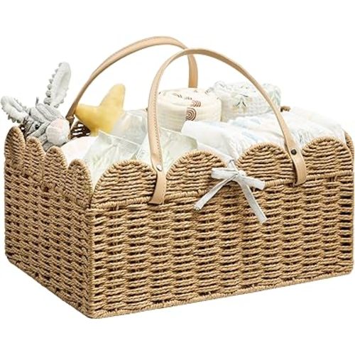 Angelhood Scalloped Paper Rope Diaper Caddy, Woven Floral Baby Diaper Organizer with Dividers for Changing Table, Nursery & Car Portable Baby Gift Basket
