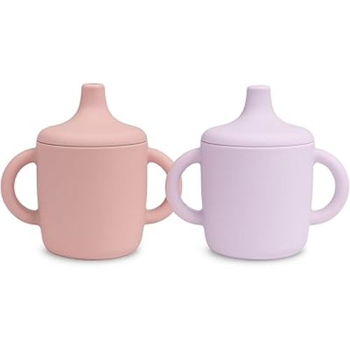 KIDSco. Silicone Sippy Cups (2 Pack) – Soft Spout & Easy Grip Handles for Babies 6+ months, Plastic Free, Toxic Free Silicone, Leak-Resistant, Dishwasher Safe (Pink and Purple)