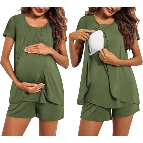 Ekouaer Women's Maternity Nursing Pajamas Set Breastfeeding Sleepwear Double Layer Short Sleeve Top & Shorts Nursing Pjs