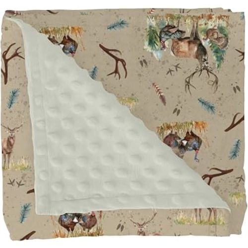 Vintage Hunting Animals Baby Blankets for Girl Boy Deer Turkey Hunting Feathers Trees Soft Mink Dotted Backing Double Layer Swaddle Receiving Blanket Wildlife Bed Throws for Newborn Toddler Crib 30x40