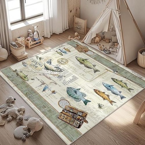 Fishing Living Room Rug 4x6 Cabin Modern Area Rugs, Machine Washable Rug for Bedroom, Low Pile Soft Large Carpet for Dining Room Office Non Slip