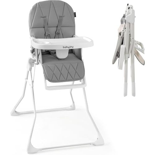 BABY JOY Foldable High Chair, Easy Clean Compact Highchair with Removable Adjustable Tray and PU Seat Cushion, 5-Point Safety Belt for Babies and Toddlers, Baby Feeding Chair Portable (Grey)