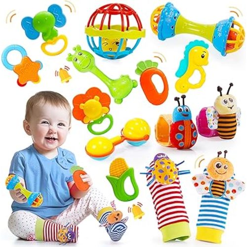 Baby Toys 0-6-12 Months, Exssary 14PCS Montessori Toys for 1+ Year Old Teething Toys for Babies Newborn Toys 0-3 3-6 6-12 12-18 Months Baby Rattles Socks 1 2 Year Old Boy Girl Gifts