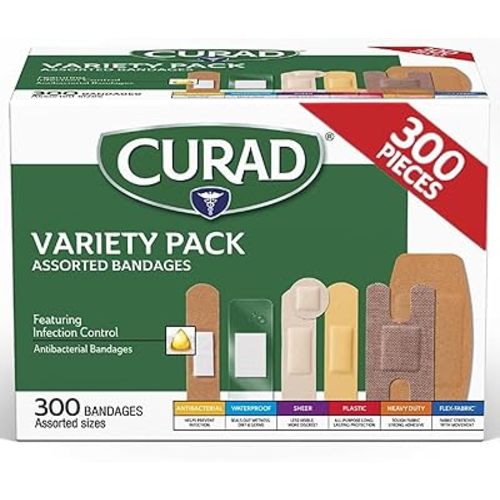 CURAD Assorted Bandages Variety Pack, 300 Count, 6 Styles Including Antibacterial, Waterproof, Sheer, Plastic, Heavy Duty & Flex-Fabric, Protects Scrapes, Cuts & Burns, Latex-Free