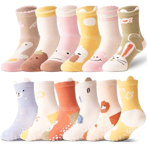 ANTSANG 12 Pairs Baby Girls Boys Toddlers Kids Grips Socks Crew Cotton Non-Slip/Anti-Skid Grips Socks