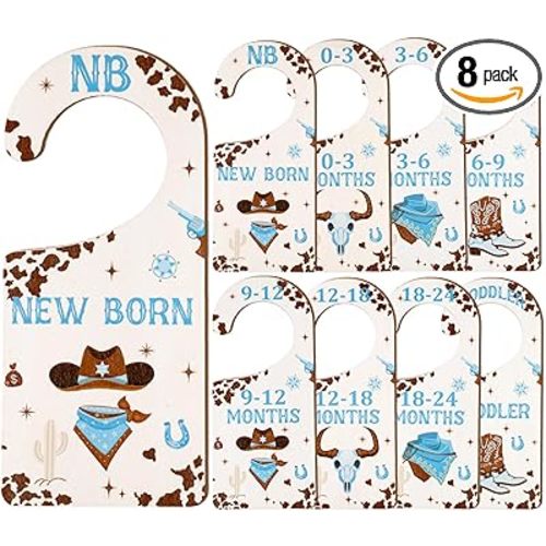 Baby Closet Dividers 8PCS, Western Cowboy Theme Wooden Double-Sided Clothes Size Hanger Organizer from Newborn to Toddler for Nursery Decor Baby Shower Birthday Gift